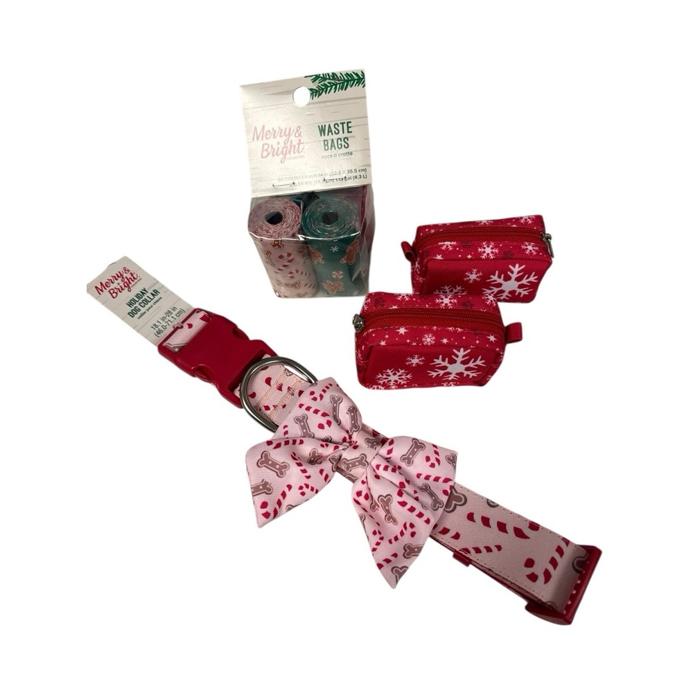 LOT Merry Bright Holiday Dog Collar Waste Bags and Holders Christmas XL 18-28"